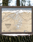 Framed Skiing Wall Art of Ski Resort in British Columbia resting on wood stump with snow covered landscape. 