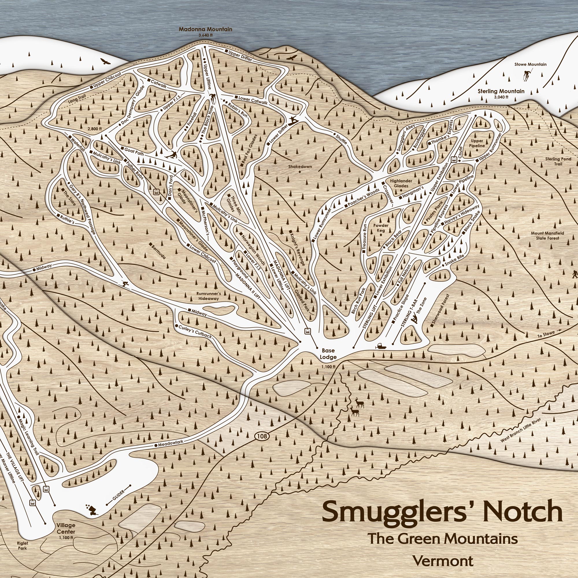 Smugglers' Notch Ski Trail Map | Laser-engraved, Wood Mountain Art | Torched Peaks