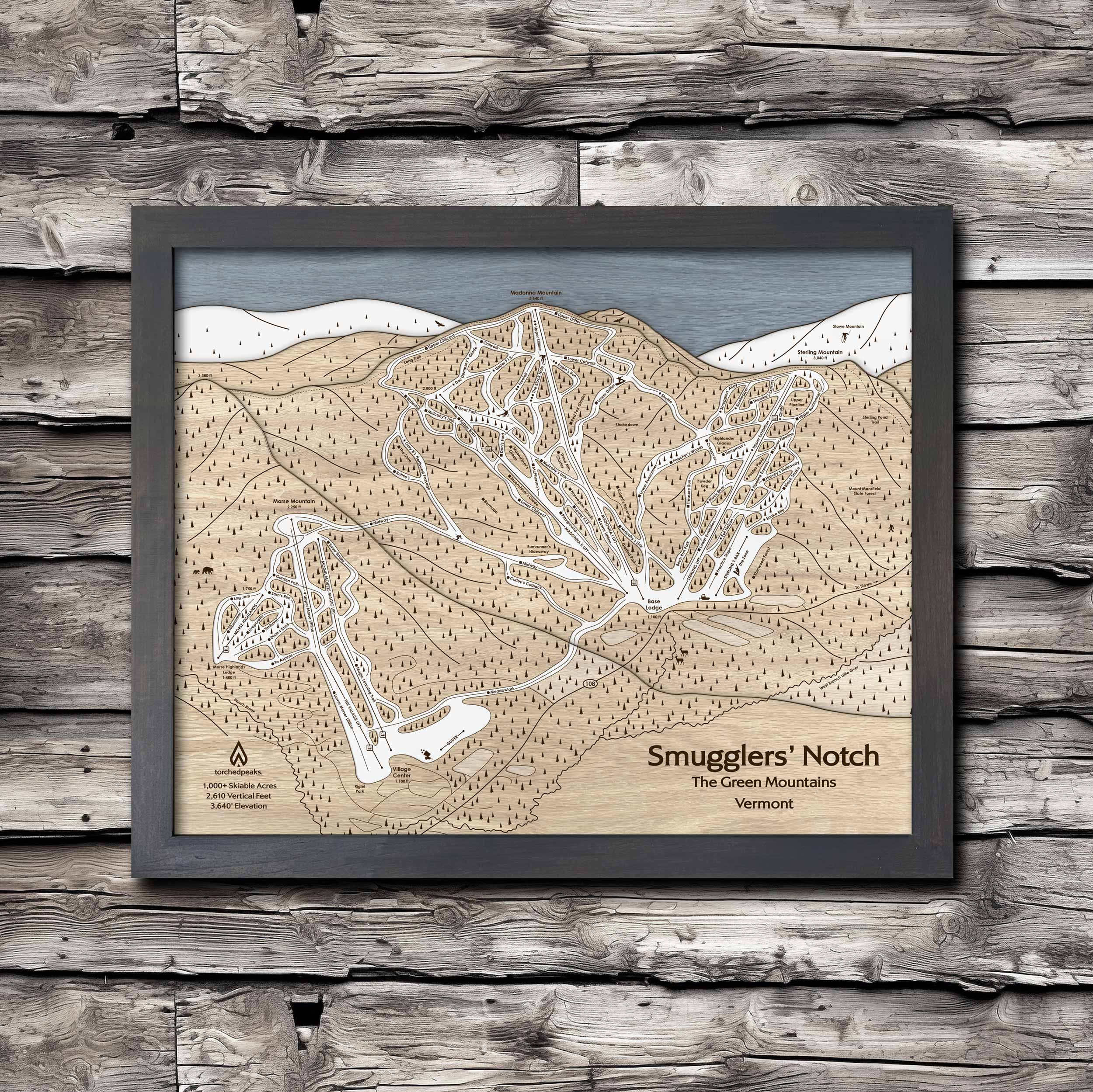 Smugglers' Notch Ski Trail Map | Laser-engraved, Wood Mountain Art | Torched Peaks
