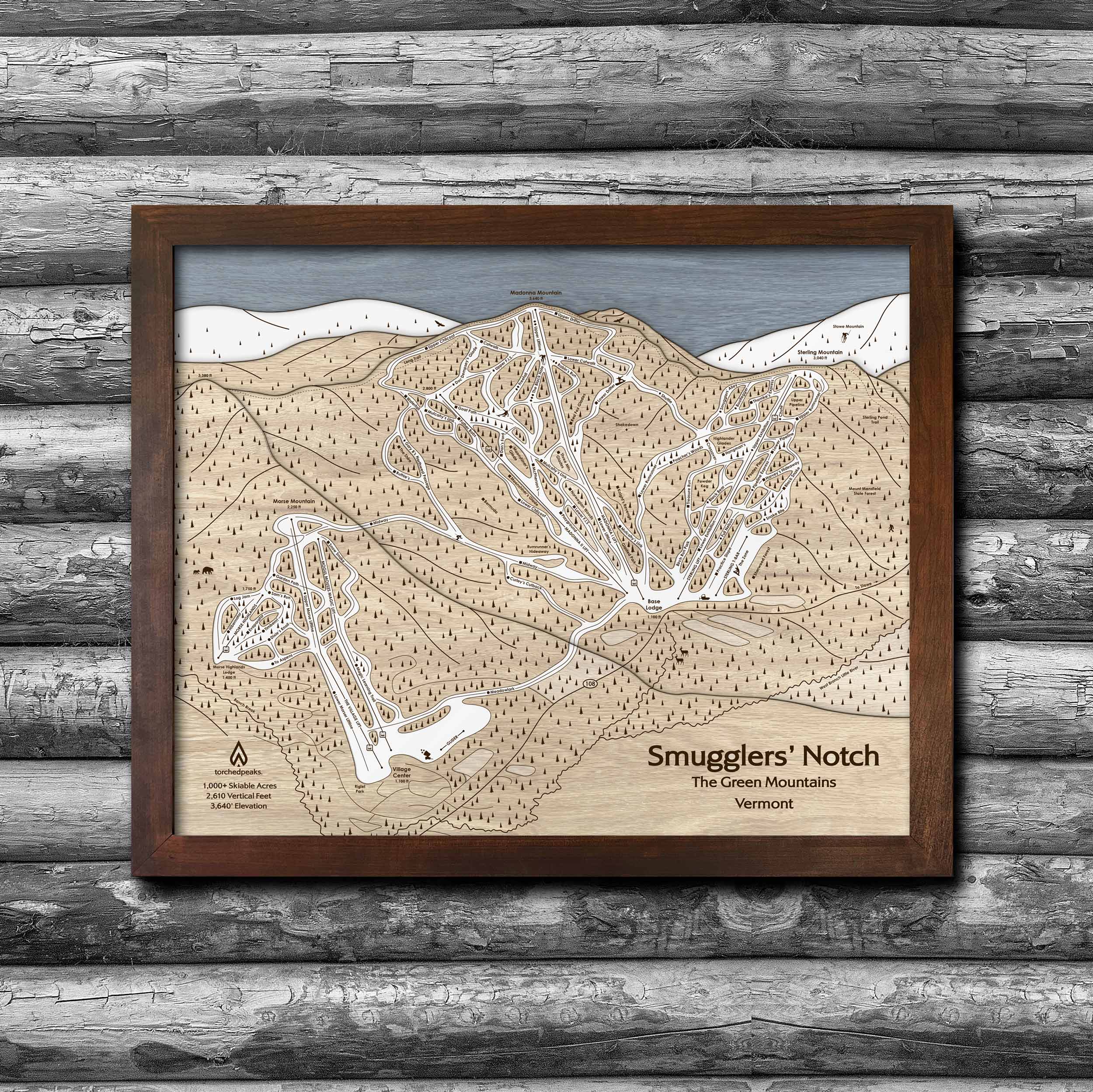 Smugglers' Notch Ski Trail Map | Laser-engraved, Wood Mountain Art | Torched Peaks