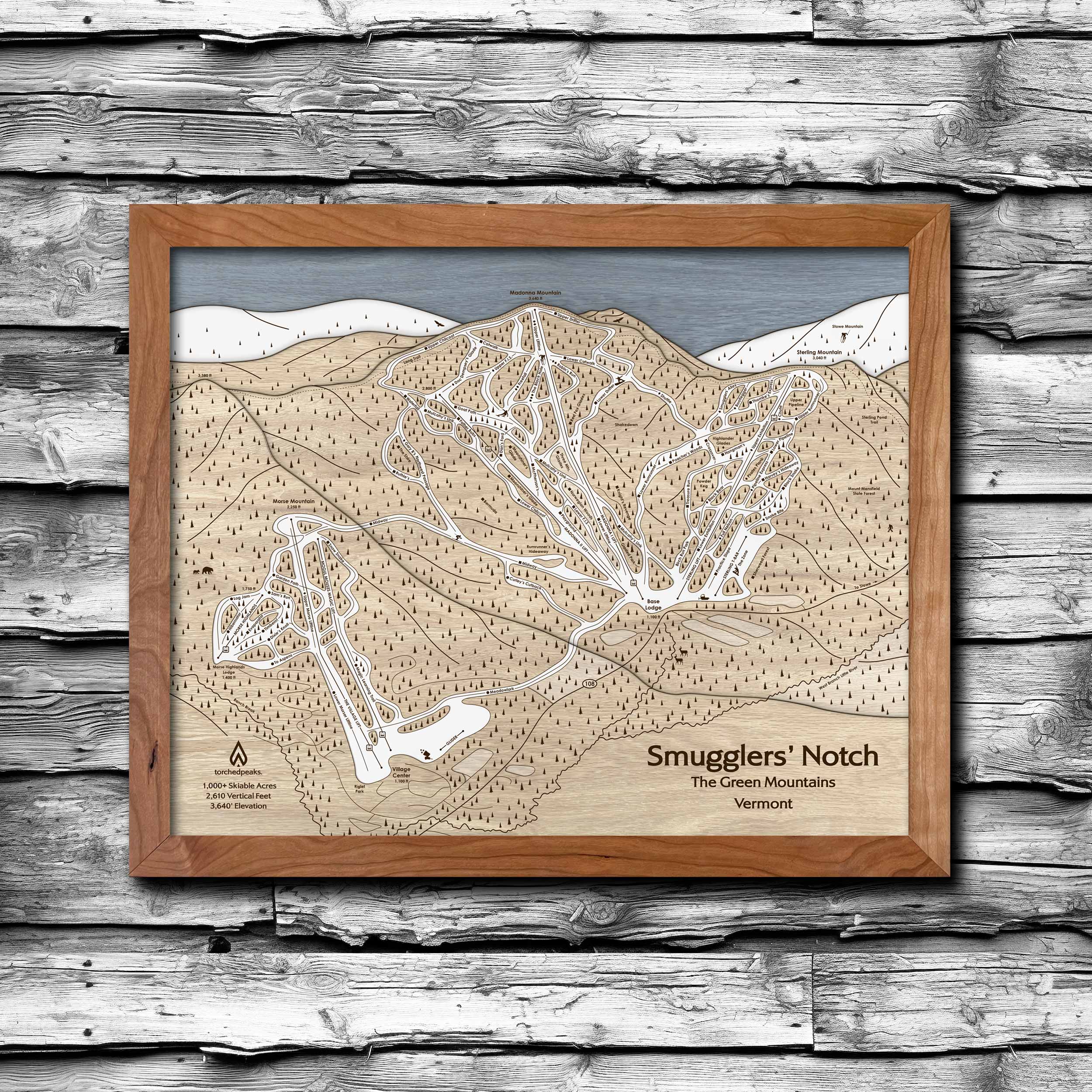 Smugglers' Notch Ski Trail Map | Laser-engraved, Wood Mountain Art | Torched Peaks