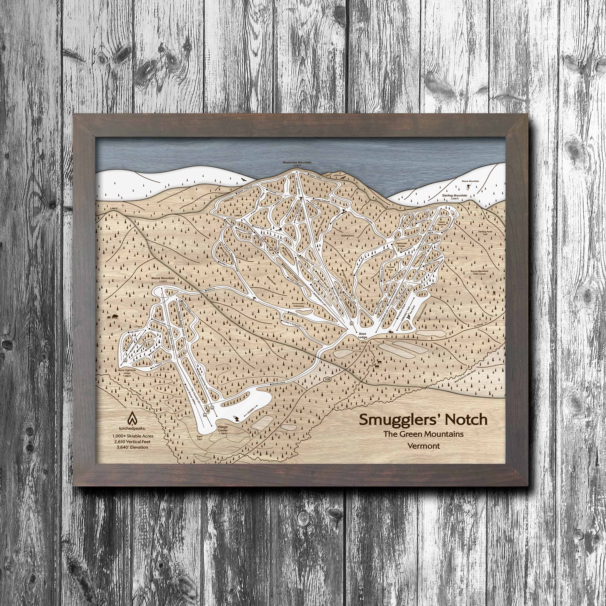 Smugglers' Notch Ski Trail Map | Laser-engraved, Wood Mountain Art | Torched Peaks
