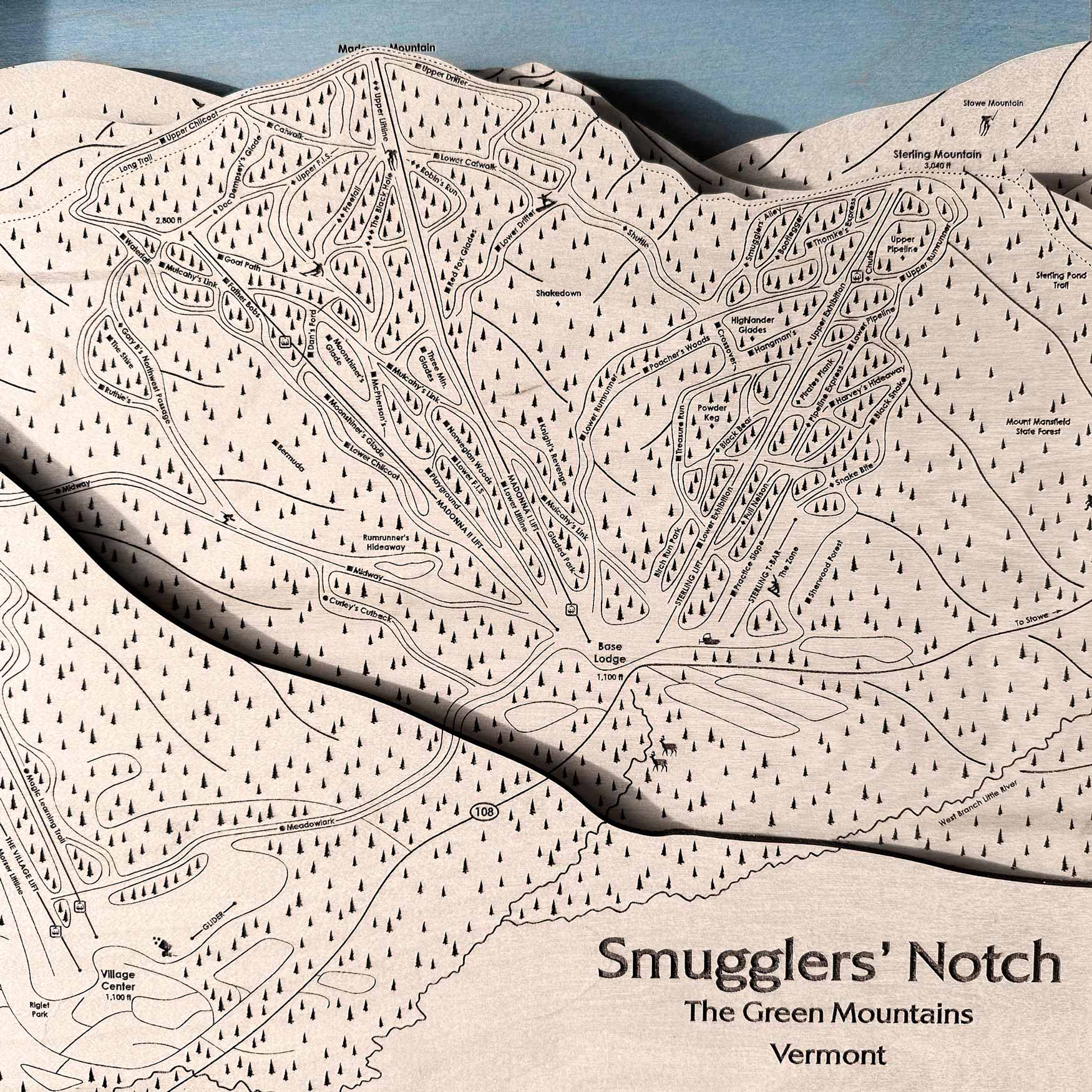 Smugglers' Notch VT Wood Ski Trail Map | Torched Peaks Ski Slope Mountain Art