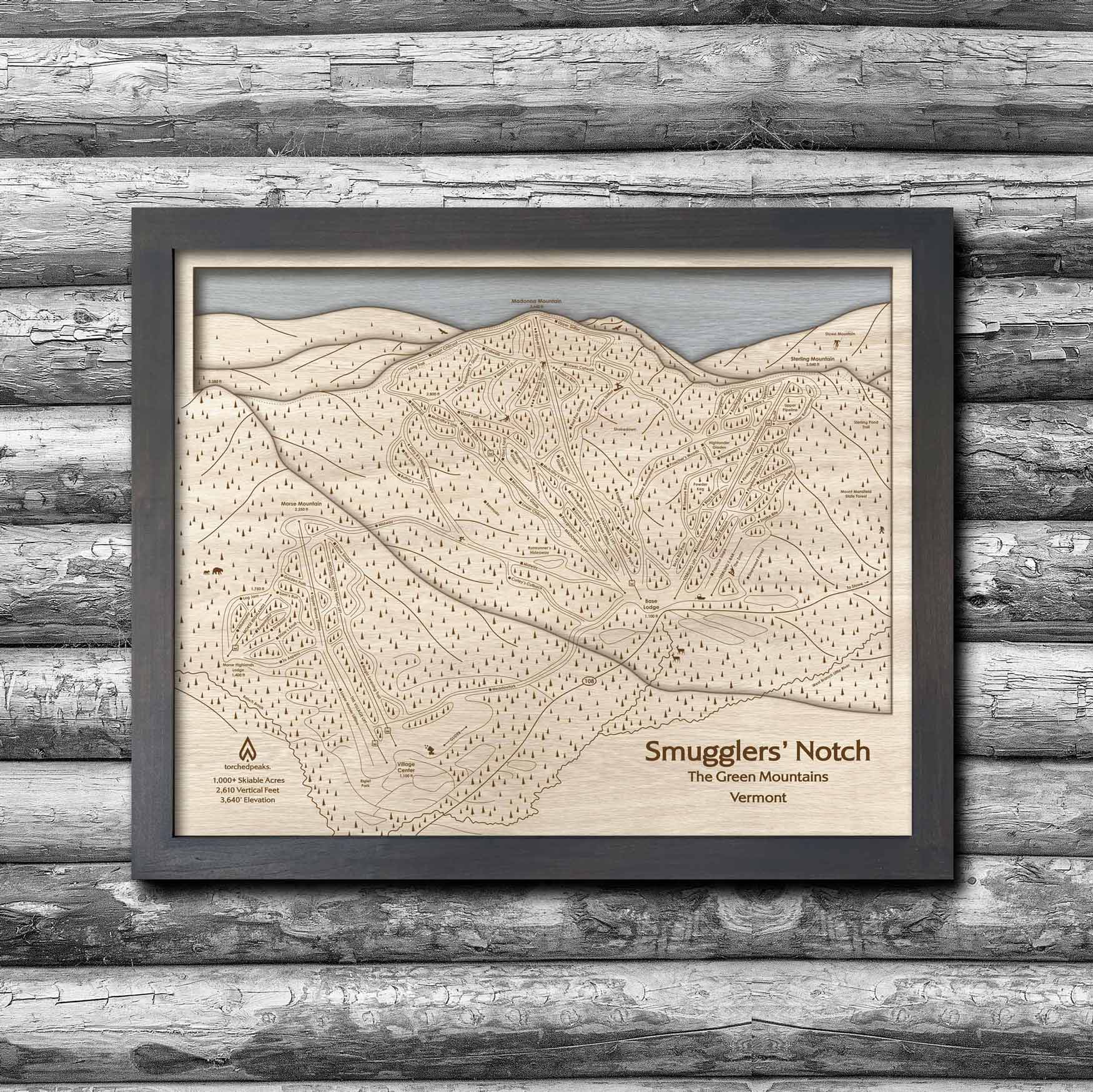 Smugglers' Notch VT Wood Ski Trail Map | Torched Peaks Ski Slope Mountain Art