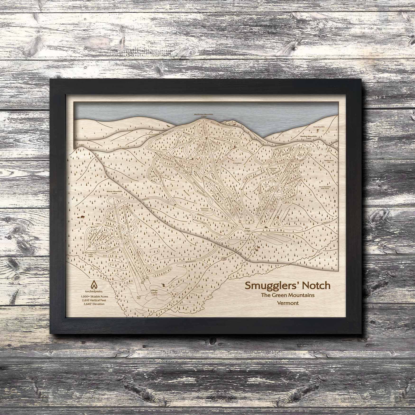 Smugglers' Notch VT Wood Ski Trail Map | Torched Peaks Ski Slope Mountain Art