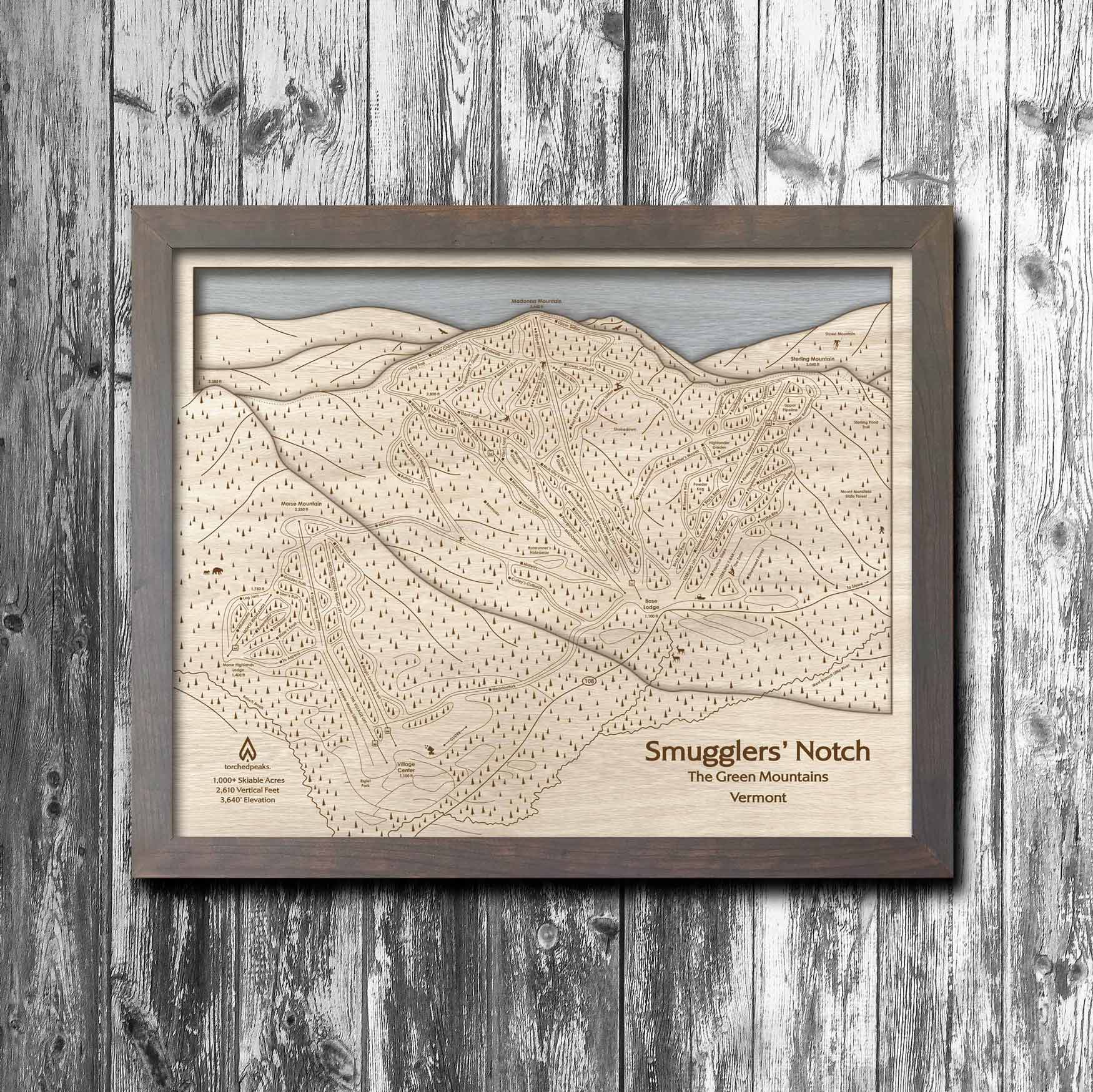 Smugglers' Notch VT Wood Ski Trail Map | Torched Peaks Ski Slope Mountain Art