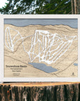 Wooden map of Snowshoe Mountain Ski Trails on a tree stump with a natural background
