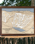 Wooden map of Snowshoe Mountain Ski Runs on a wooden stump with a natural background