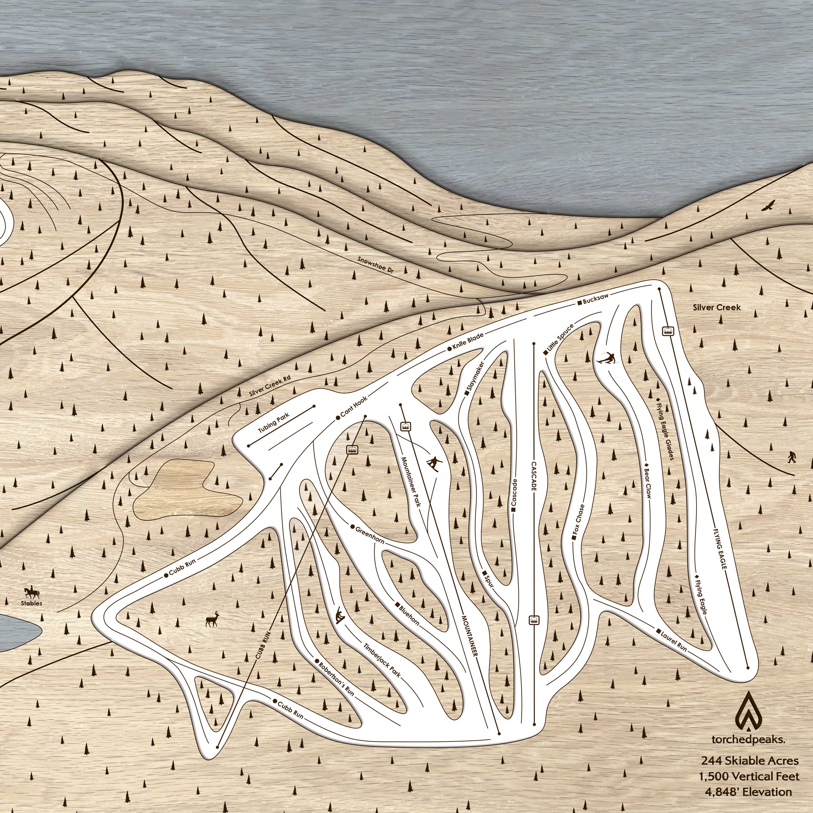 Snowshoe WV Ski Trail Map | 3D Wood Mountain Art | Torched Peaks