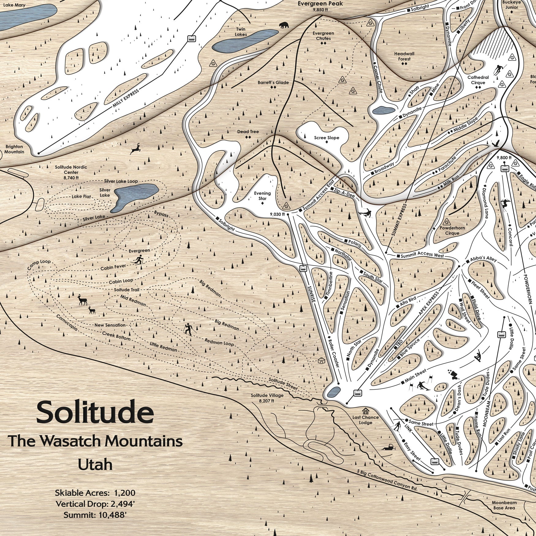 Map of Solitude, The Wasatch Mountains, Utah with topographic details.