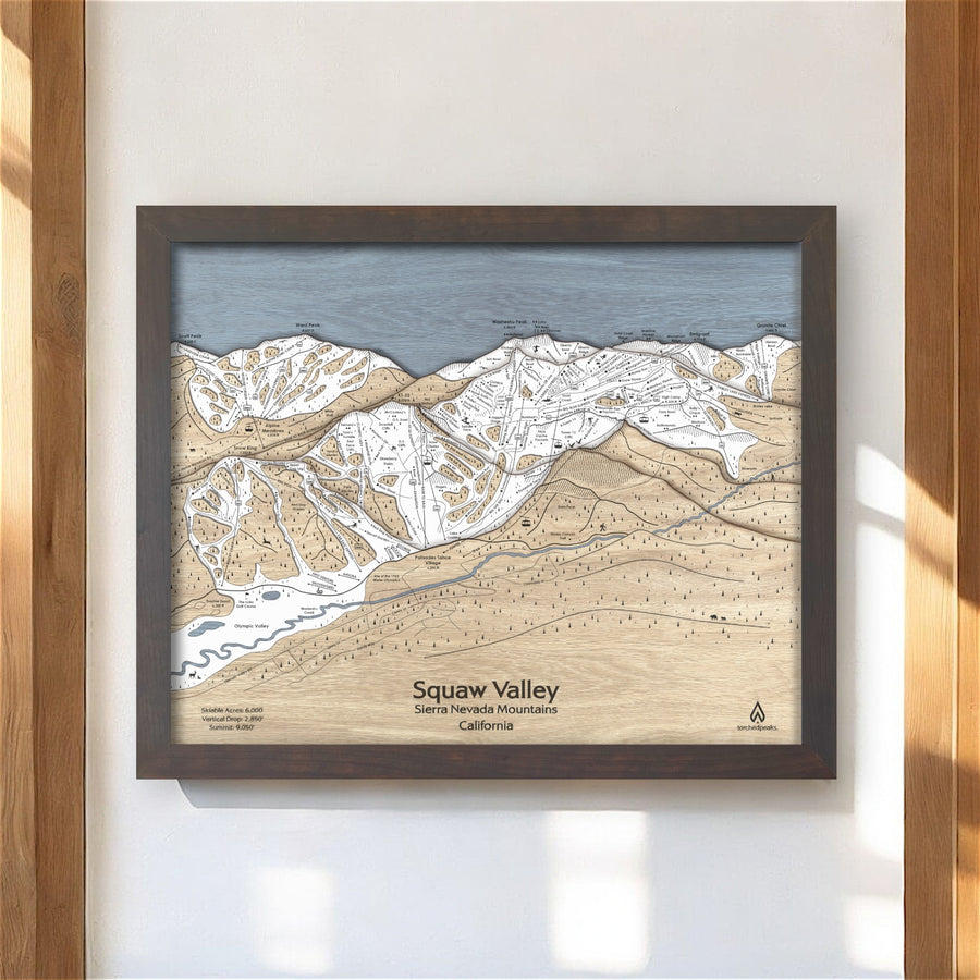 Squaw Valley Ski Resort Map, Laser-engraved wooden map, Palisades Tahoe