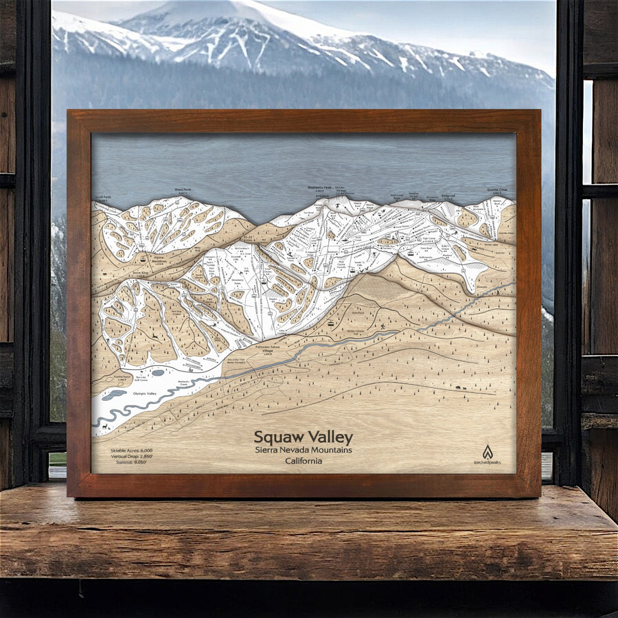 Squaw Valley Ski Map, 3D Wood Map, Skiing Wall Art