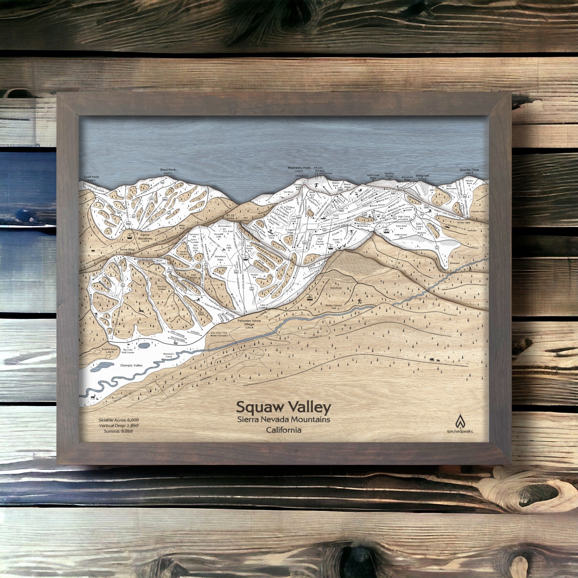 Squaw Valley Wood Ski Map, Palisades Tahoe, Olympic Valley, Lake Tahoe, Ski Cabin Decor