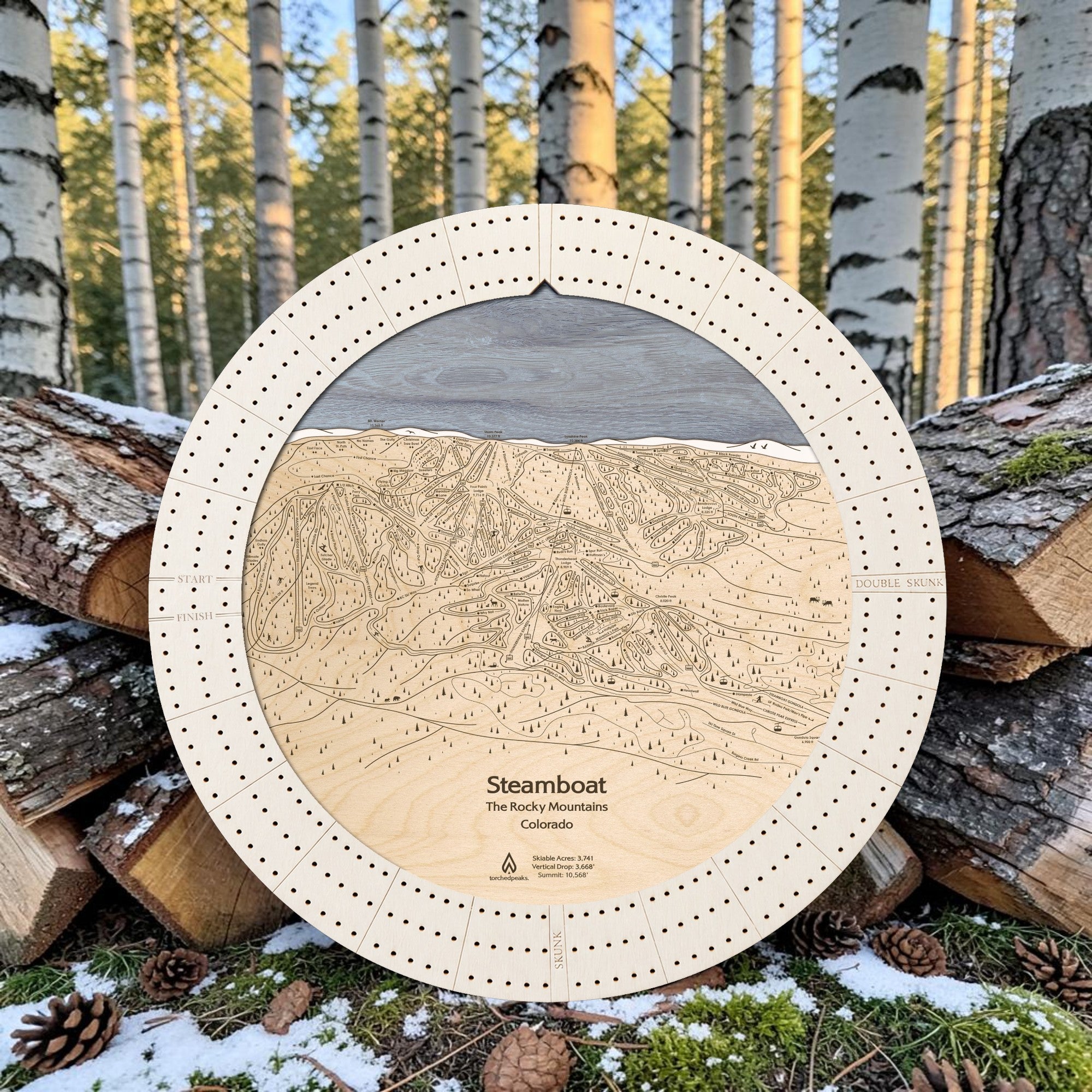 Arctic White Steamboat Colorado ski map cribbage board displayed outdoors among snowy aspen trees.