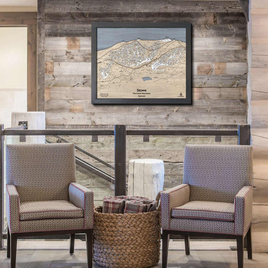 Ski Cabin Decor: Stowe Mountain 3D Wood Map hanging in a alpine chalet