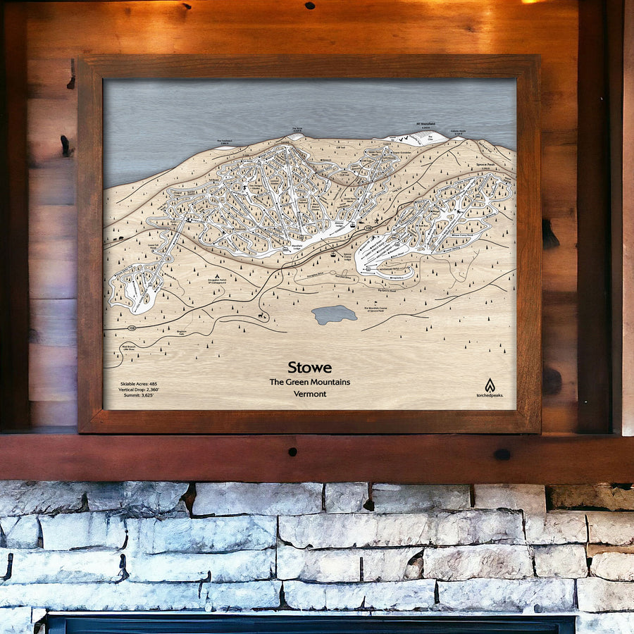 Skiing Wall Art: Wooden Map of Stowe Vermont above a mantel