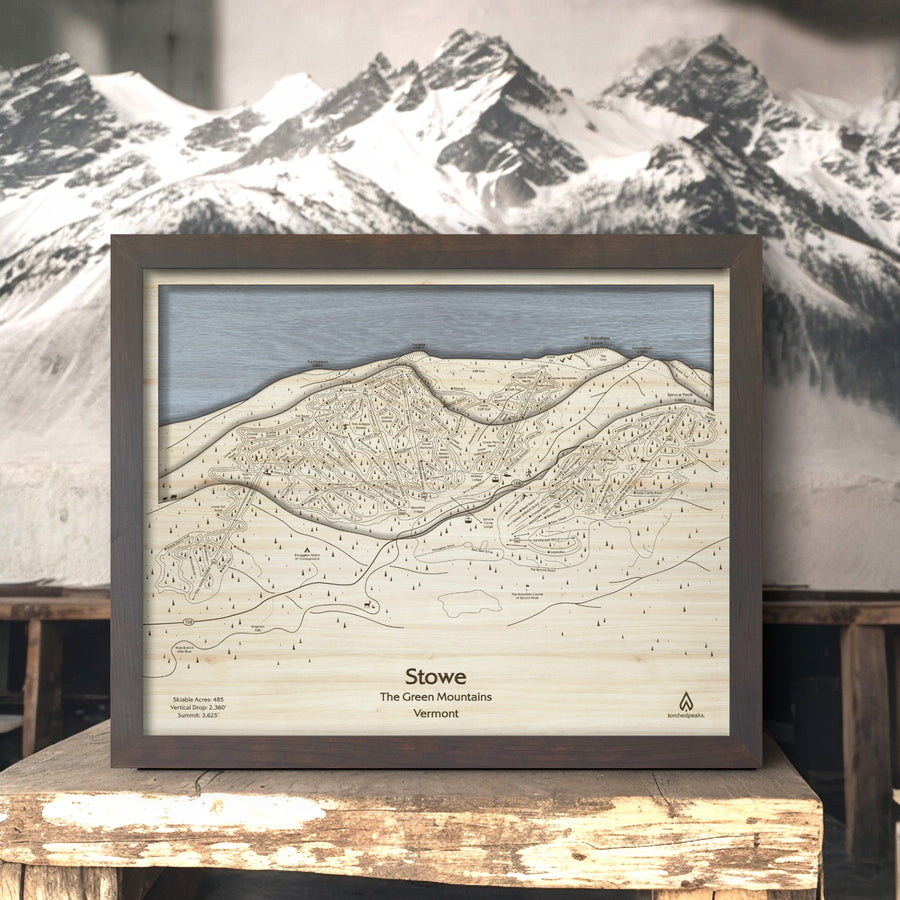 Stowe VT Ski Resort Map Art, Laser-engraved Wooden Map