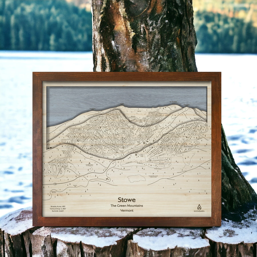 Stowe Vermont Ski Resort Map, Ski Slope Map laser-engraved in wood