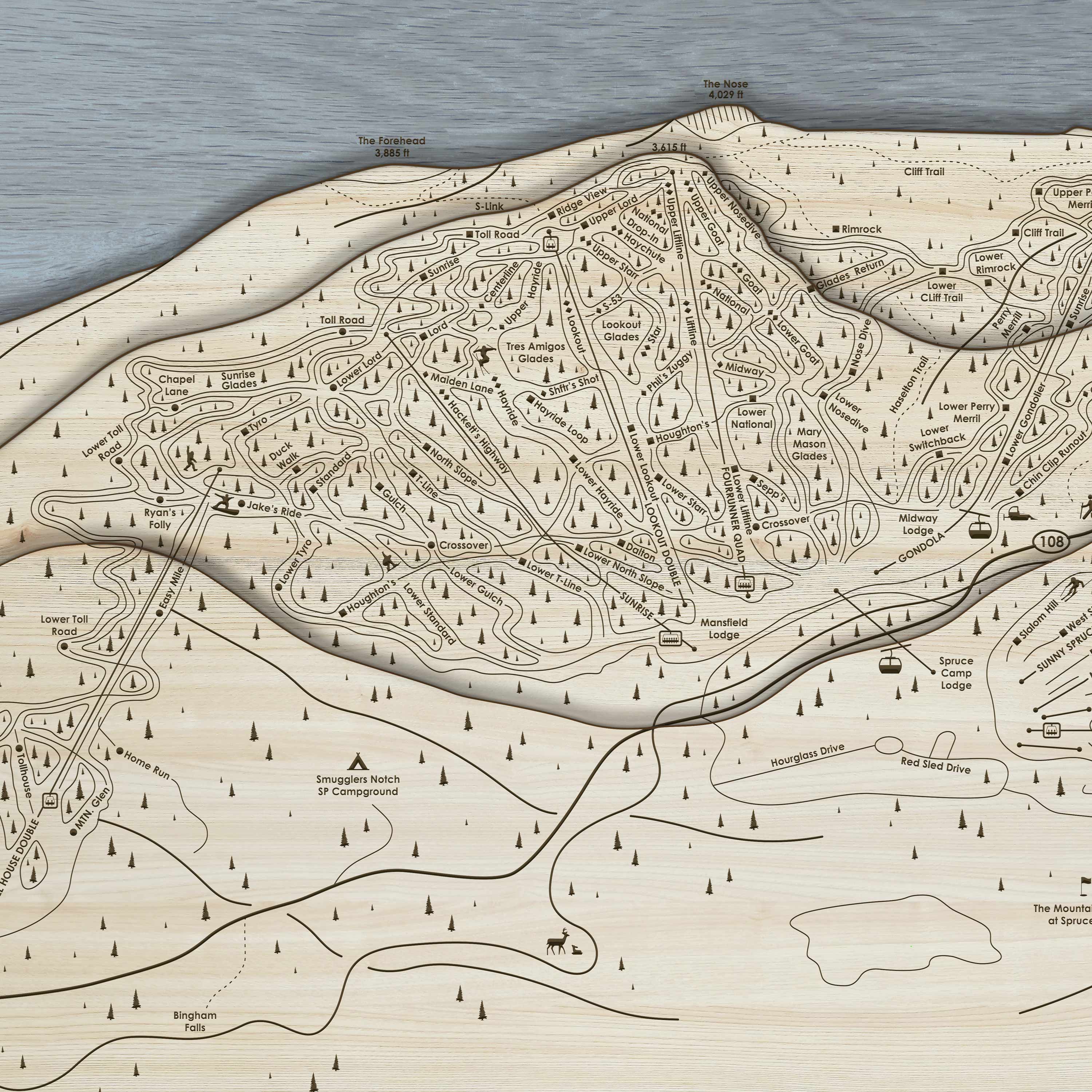 Laser-carved wooden map of Stowe Ski Area in Vermont