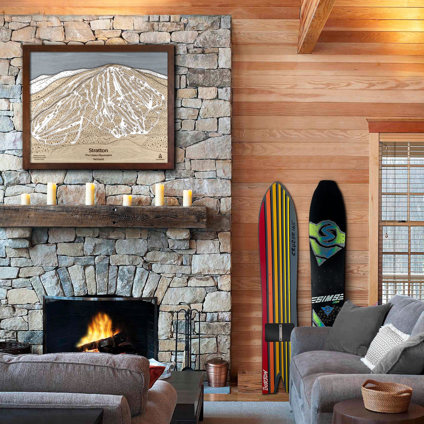 Stratton Mountain VT Ski Trail Map | 3D Wood Mountain Art | Host of U.S. Open of Snowboarding | Vintage Snowboards | Torched Peaks