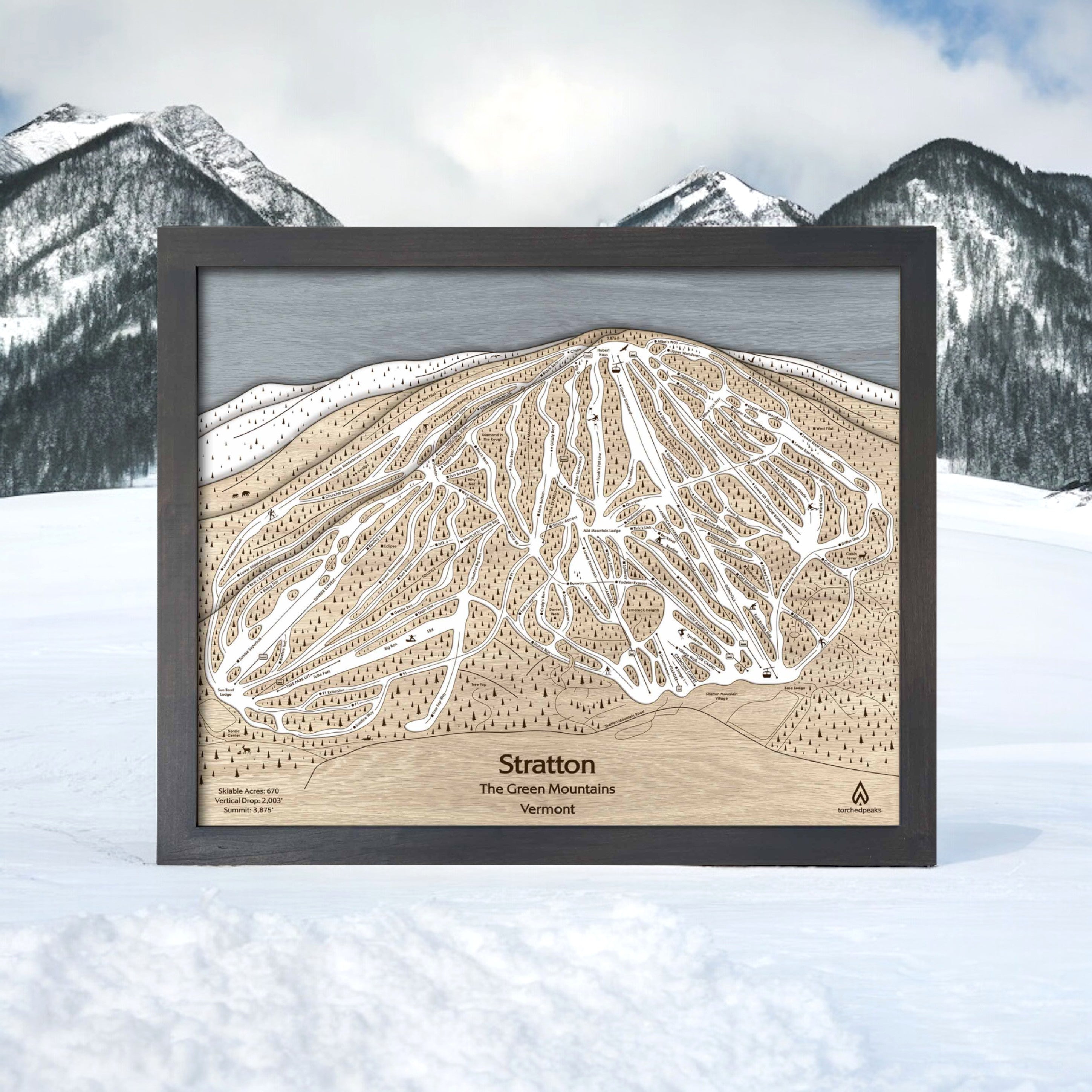 Wooden Stratton Mountain VT Ski  Map used for a gift for skiers