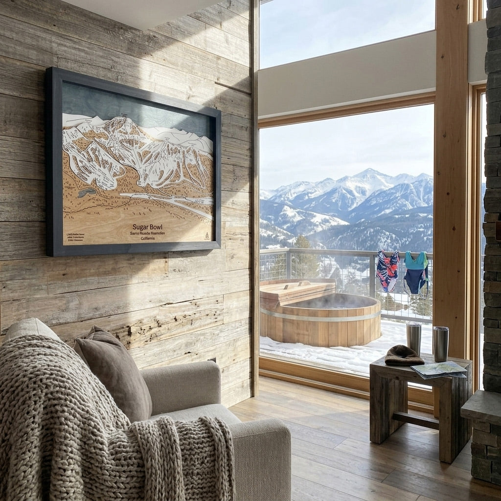 Sugar Bowl Ski Resort wooden artwork displayed in a luxury ski home with hot tub and mountain range in background. 
