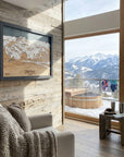 Sugar Bowl Ski Resort wooden artwork displayed in a luxury ski home with hot tub and mountain range in background. 