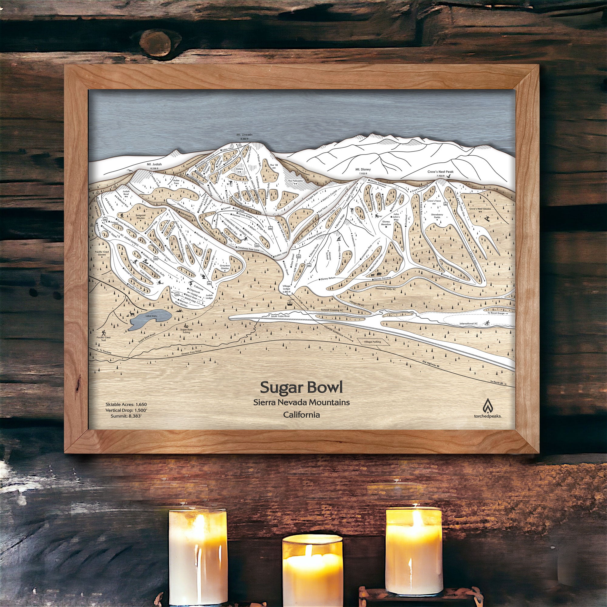 Sugar Bowl Ski Area Map,  Carved Wood Map, Ski Trail Map