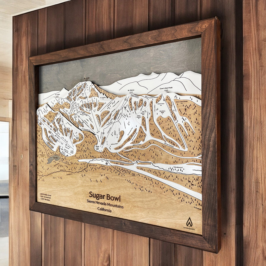 Sugar Bowl Ski Trail Map, Wall Art, Wooden Map, Torched Peaks, Artist Shawn Orecchio 