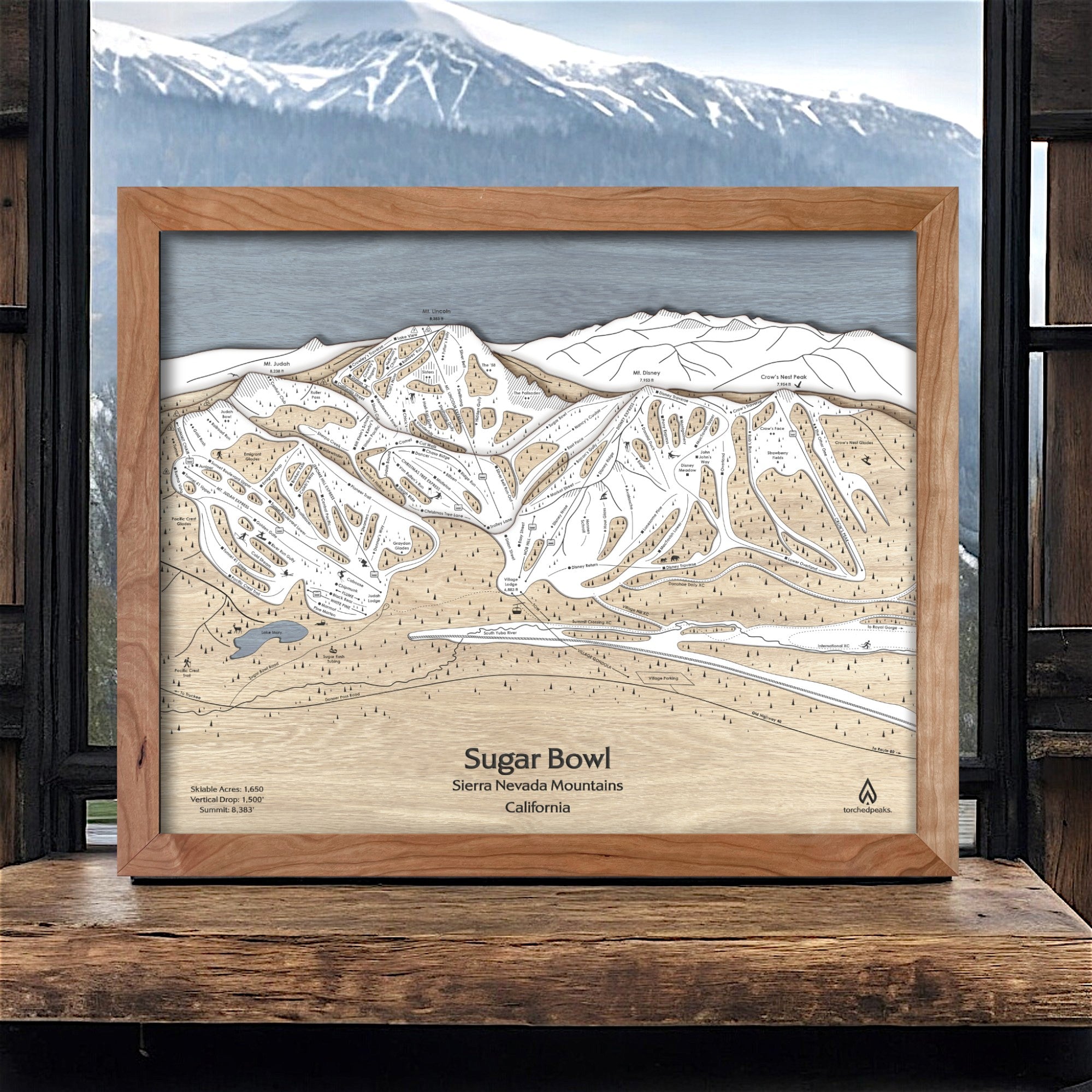 Sugar Bowl CA, Large wooden Ski Map, Sugar Bowl Ski Resort on Donner Summit