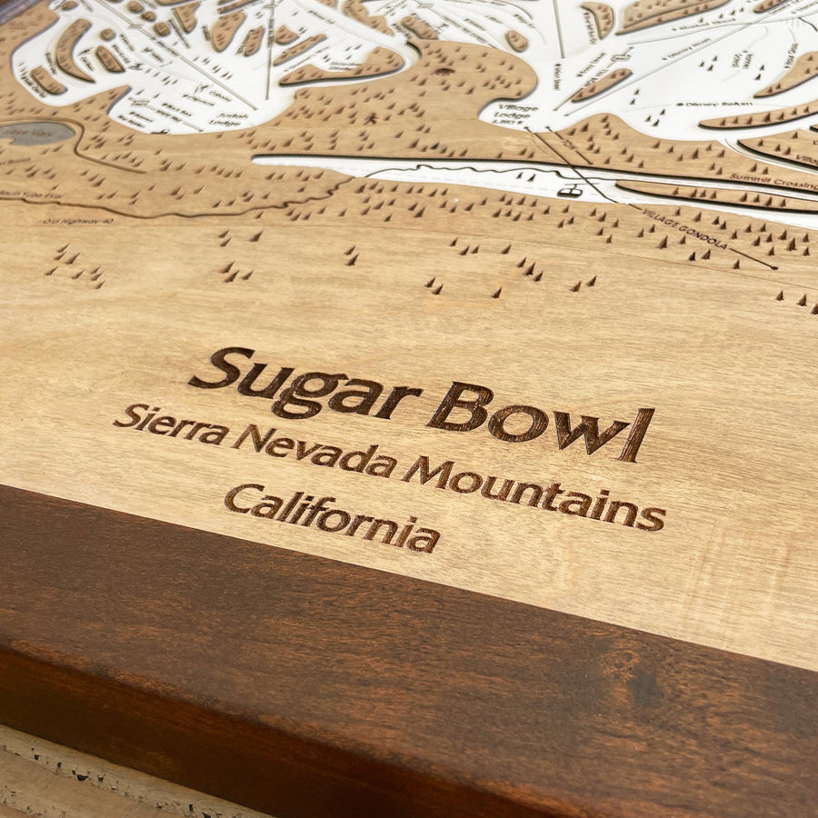 Sugar Bowl CA Ski Map, Laser-engraved on wood