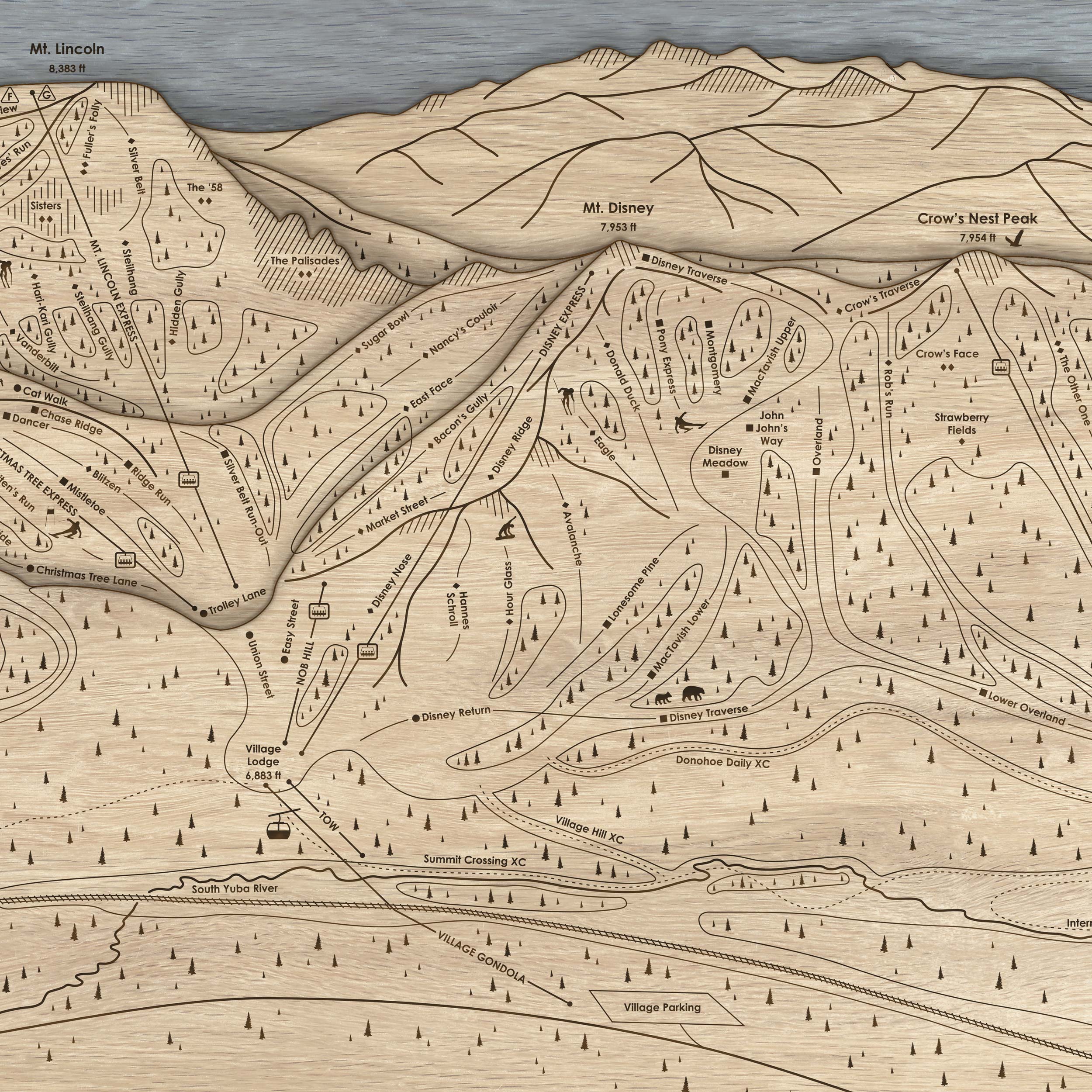 Sugar Bowl Resort Ski Trail Map, laser-engraved skiing map