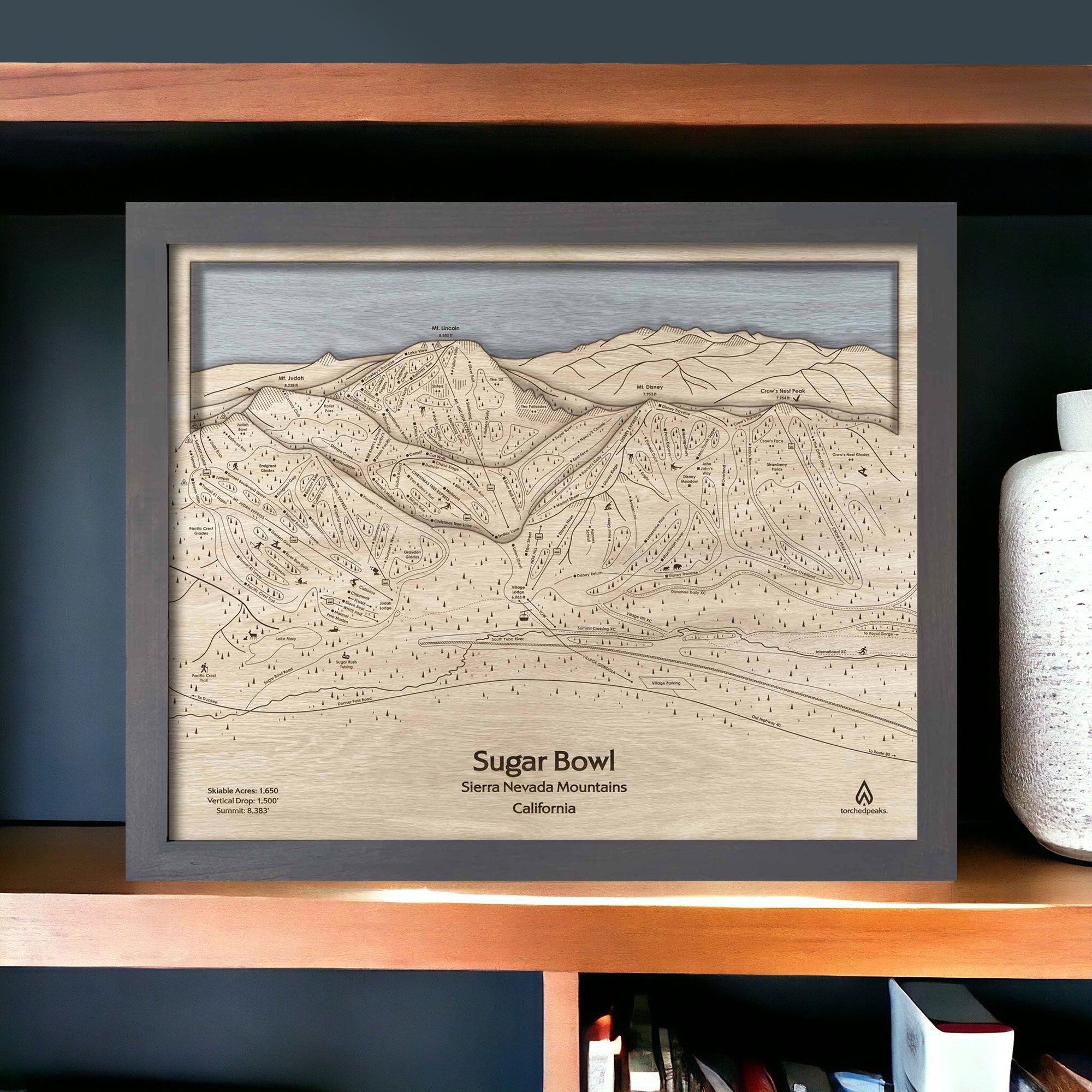 3D Wood Map of Sugar Bowl Ski Resort near Lake Tahoe