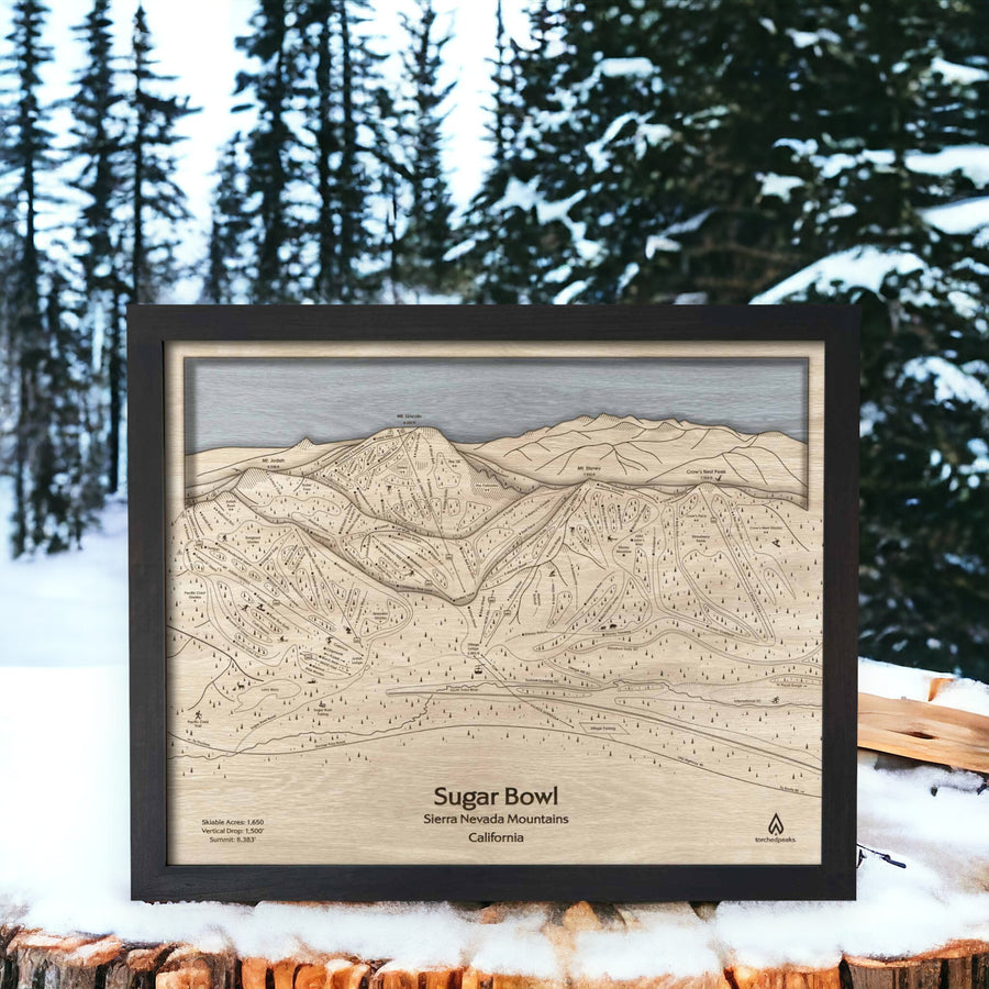 Laser Engraved Wood Map of Sugar Bowl Ski Area located on top of Donner Summit