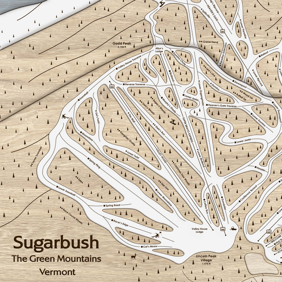 Skiing Art, Laser-engraved Sugarbush VT ski map