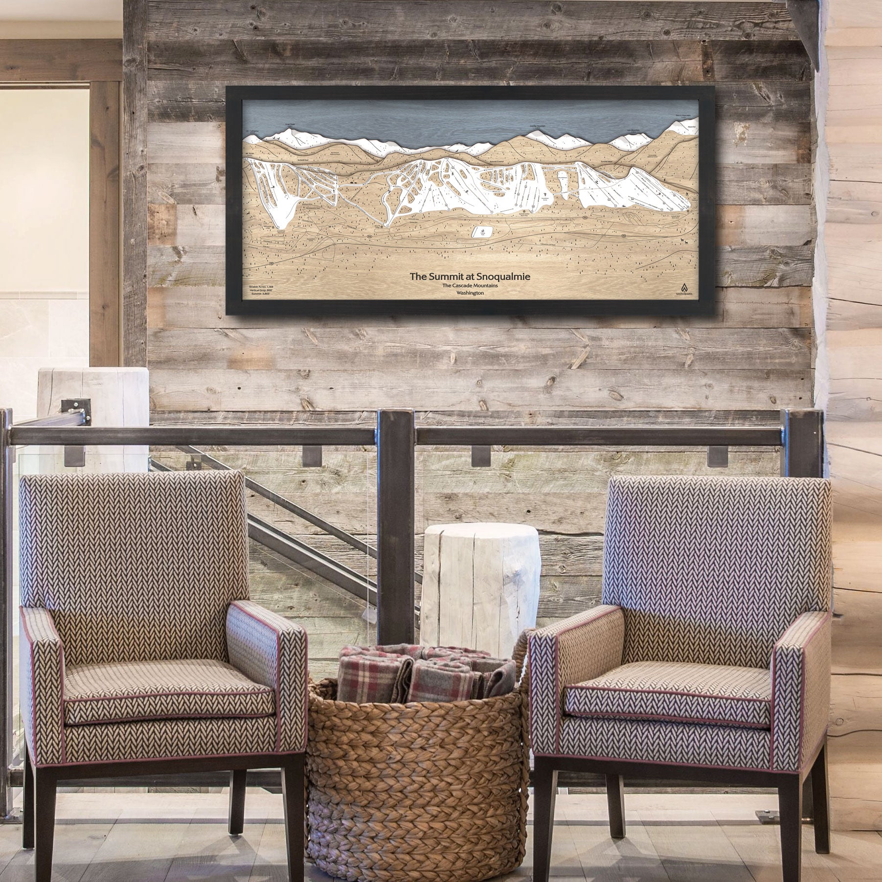 The Summit at Snoqualmie ski trail map, framed skiing art