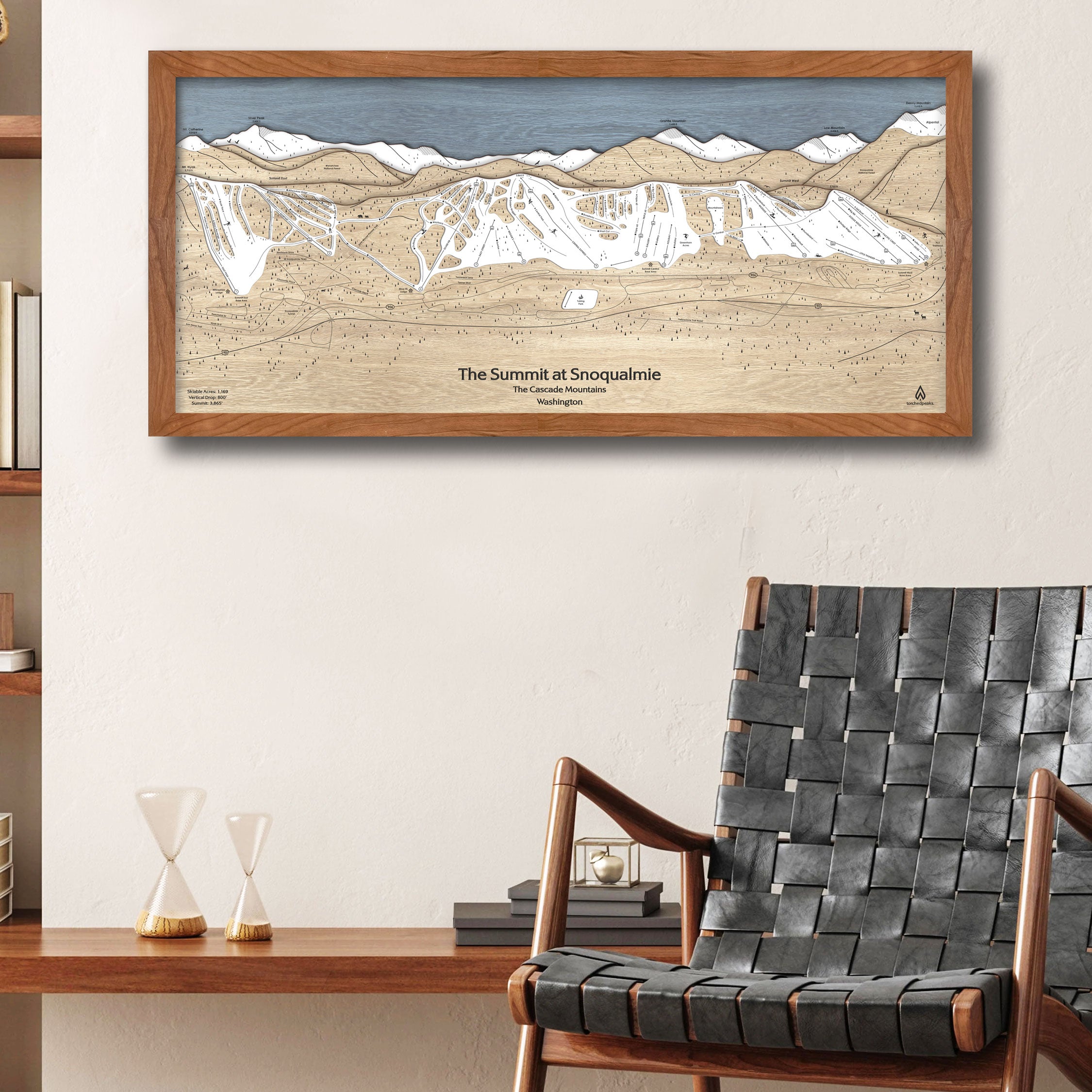 Summit at Snoqualmie 3D Wooden Ski Map, Snoqualmie Pass Ski Resort Art