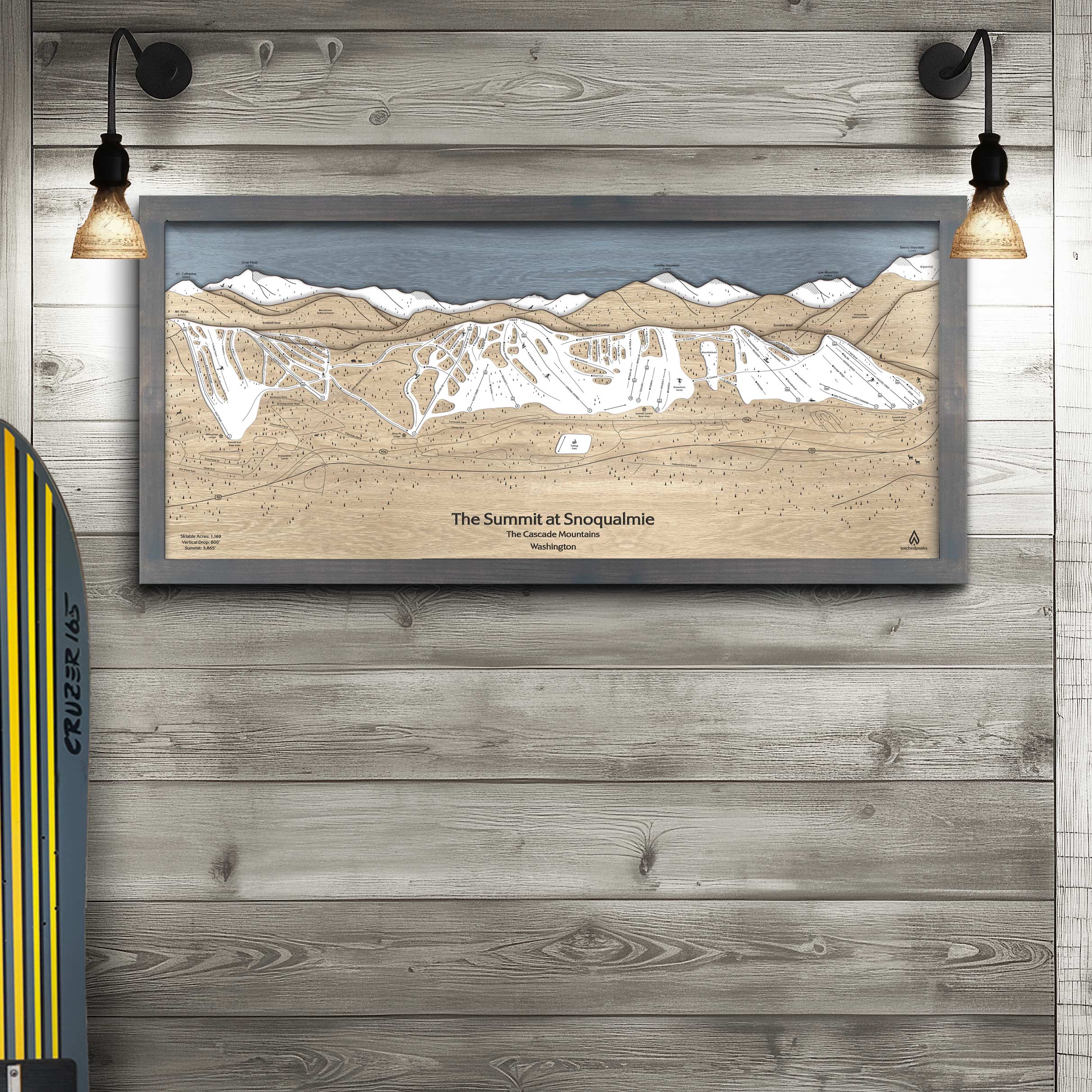 Summit at Snoqualmie wooden ski map, skiing art, framed ski poster engraved in wood