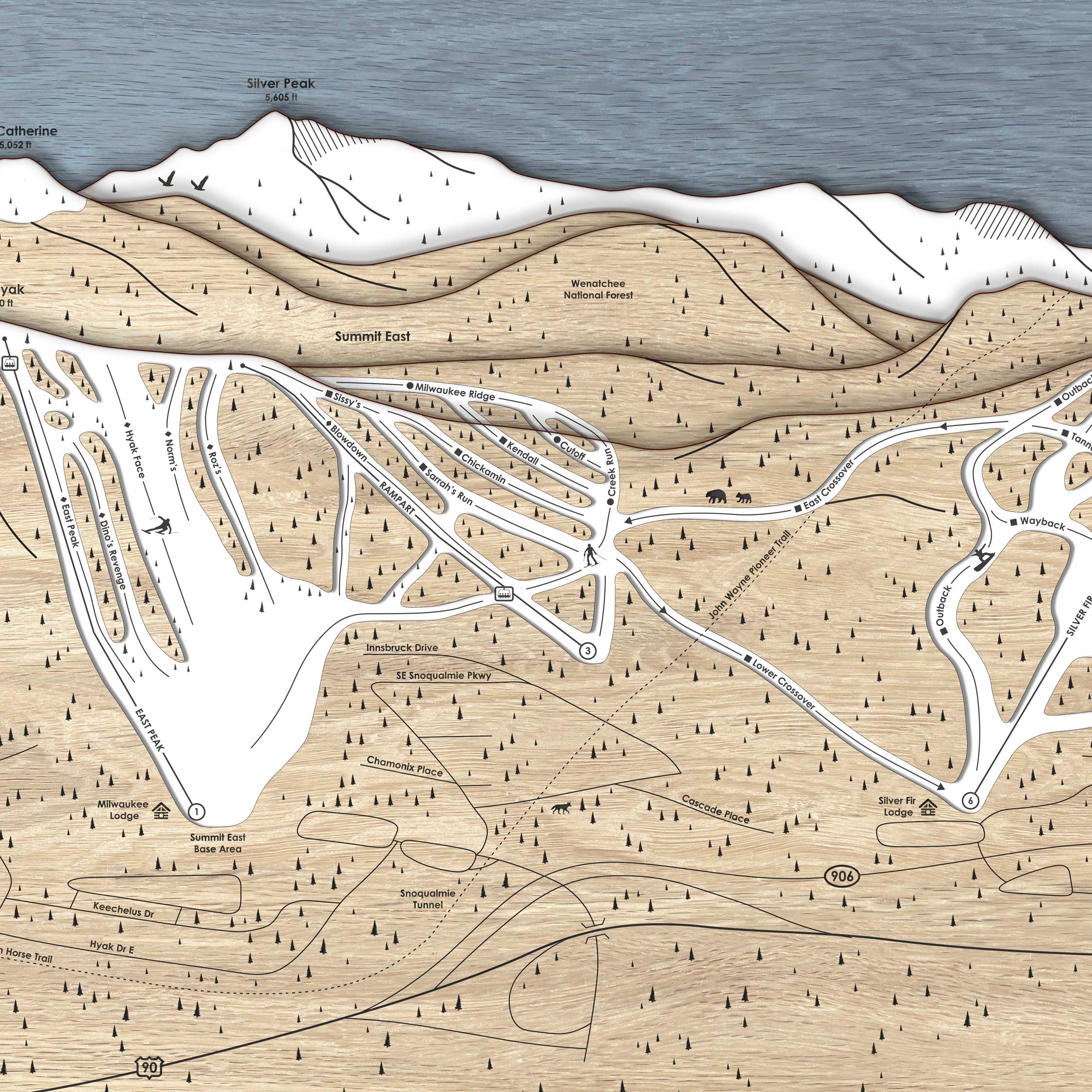Summit at Snoqualmie, laser-cut, wooden ski map