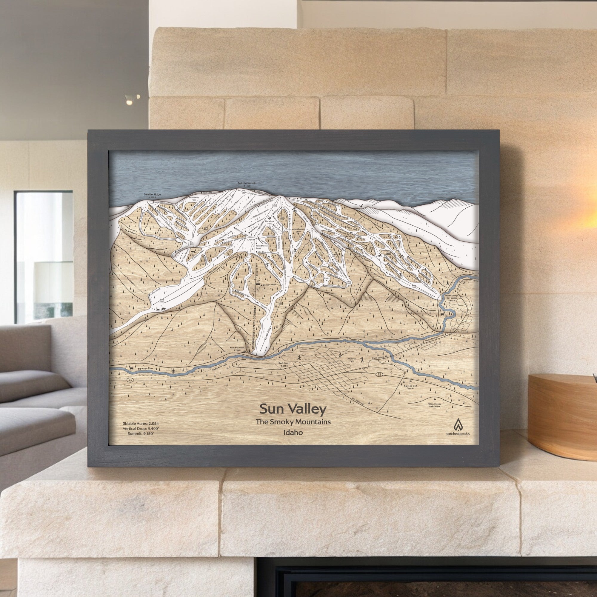 Sun Valley Idaho Ski Trail Map, 3D Wood Map
