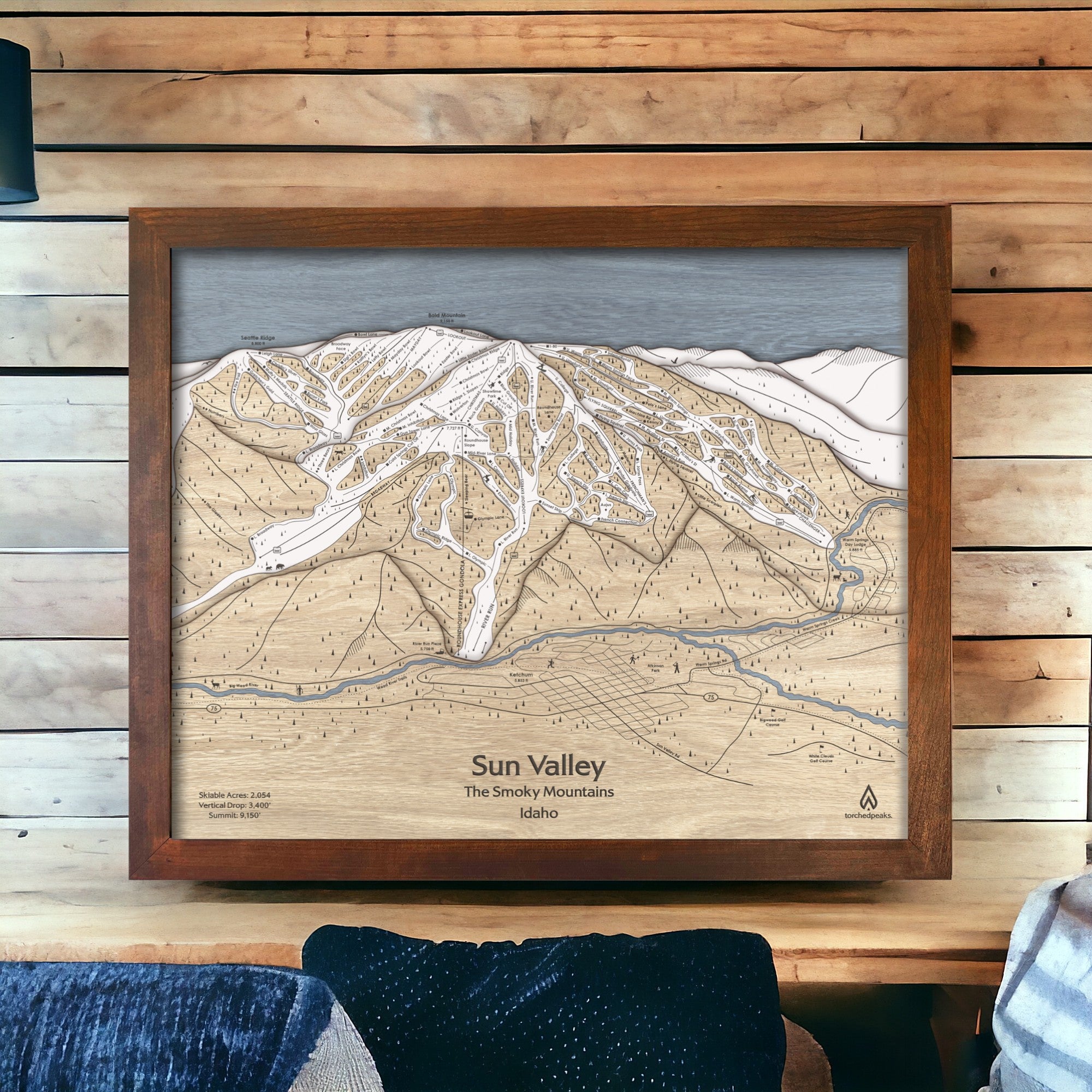 Sun Valley Idaho Ski Cabin Decor, Wood Map of Sun Valley Ski Slopes