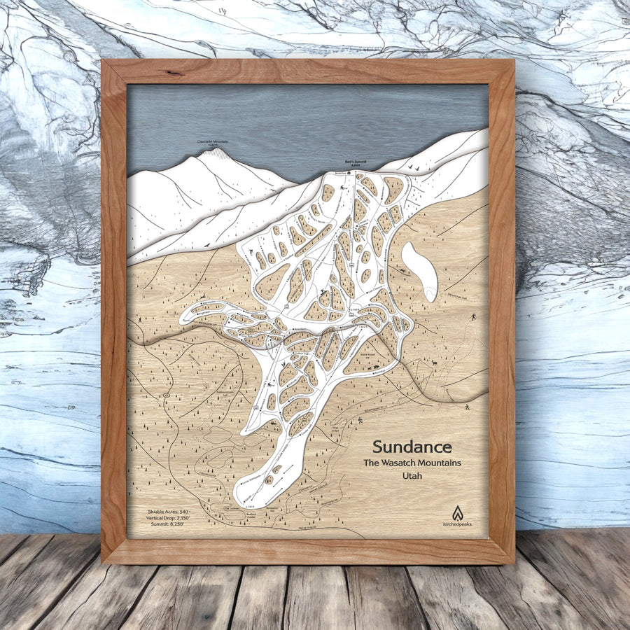 Sundance Mountain 3D Wooden Ski Map, Torched Peaks, Designed by Artist Shawn Orecchio