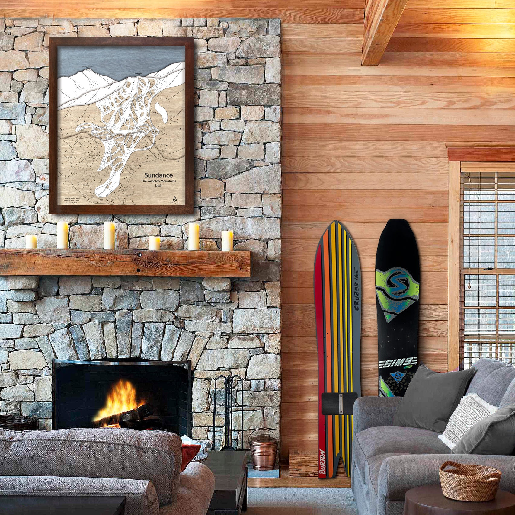 Sundance Mountain Map, Oversized Framed Skiing Art