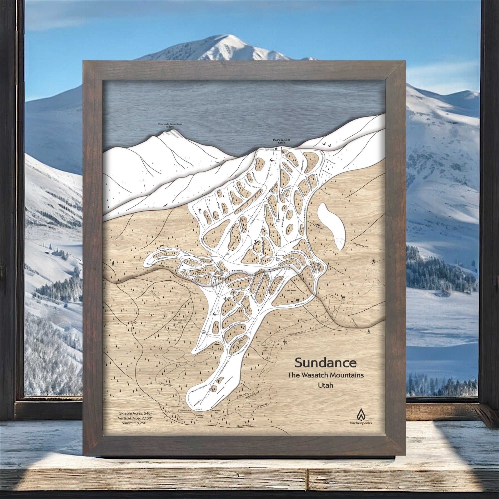 Sundance Mountain Utah, Wooden Ski Resort Map, Unique Home Decor for Skiers and Snowboarders