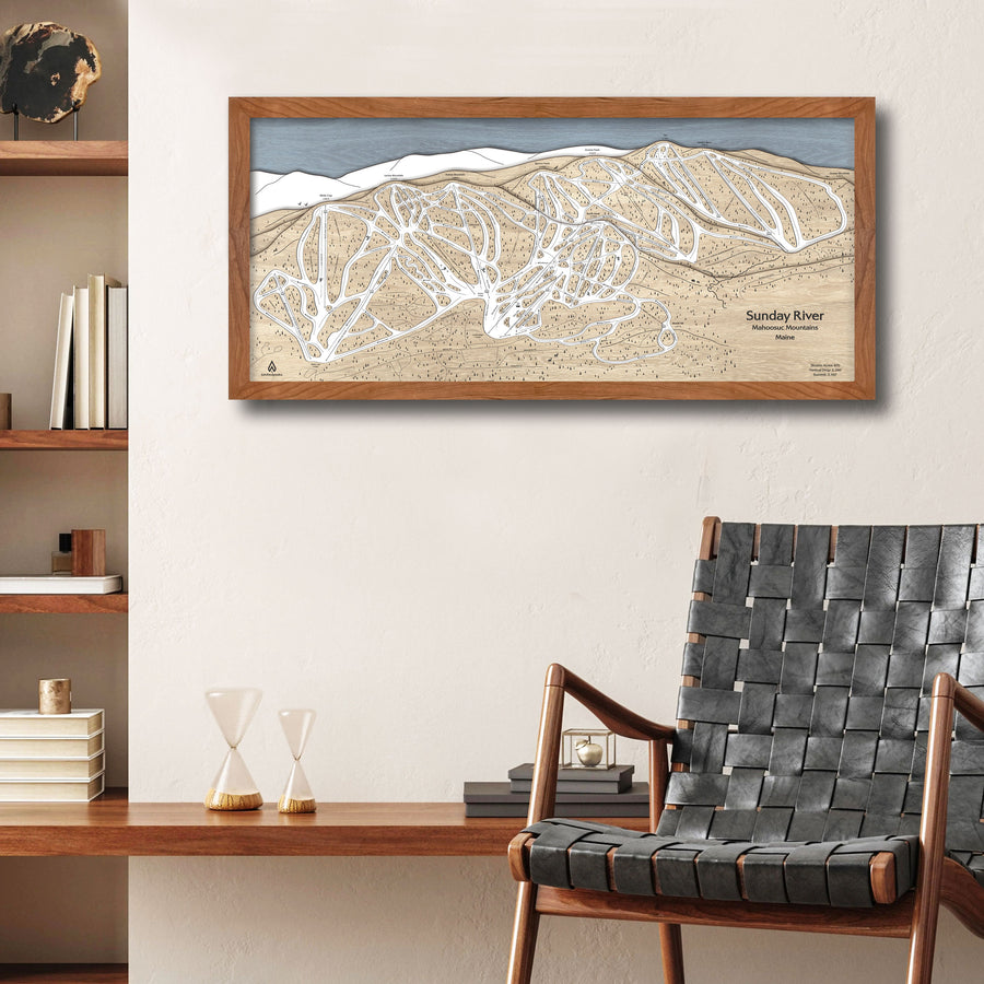 Sunday River Ski Resort Map, 3D Wood Ski Map, Torched Peaks