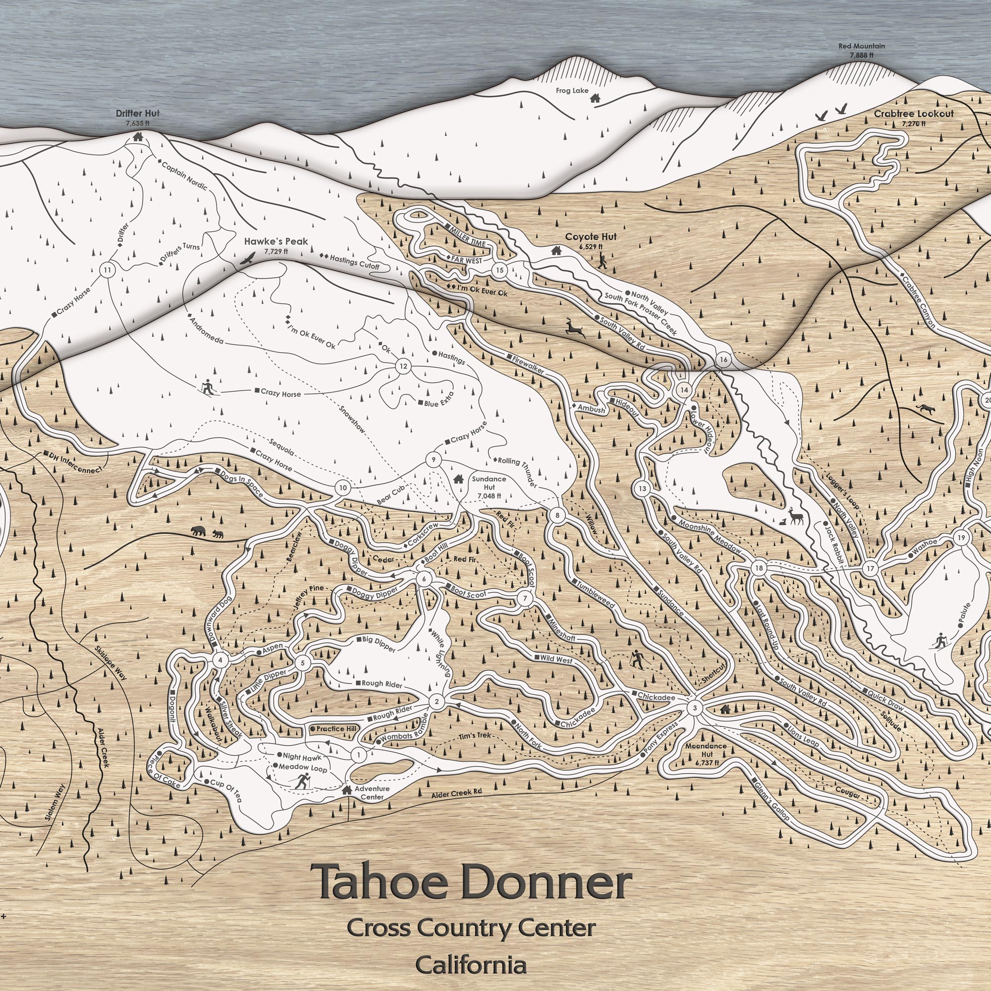 Tahoe Donner Cross Country Ski Center, Laser-engraved wooden ma