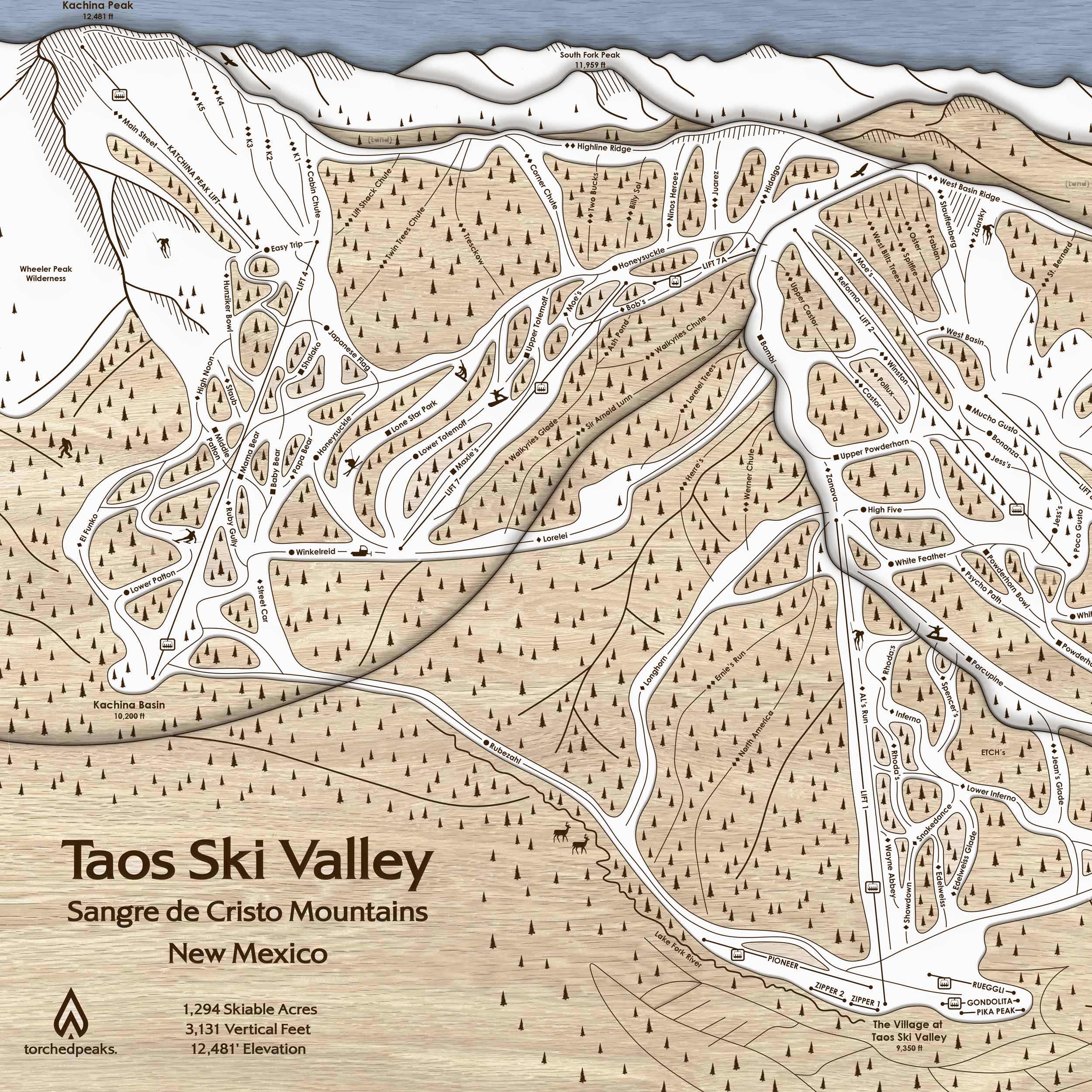 Taos Ski Valley Trail Map | 3D Wooden Mountain Art