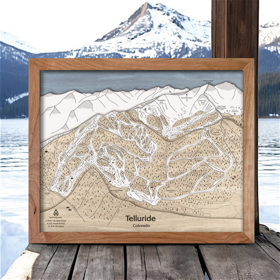 Telluride CO Wooden Ski Map, Framed Skiing Art