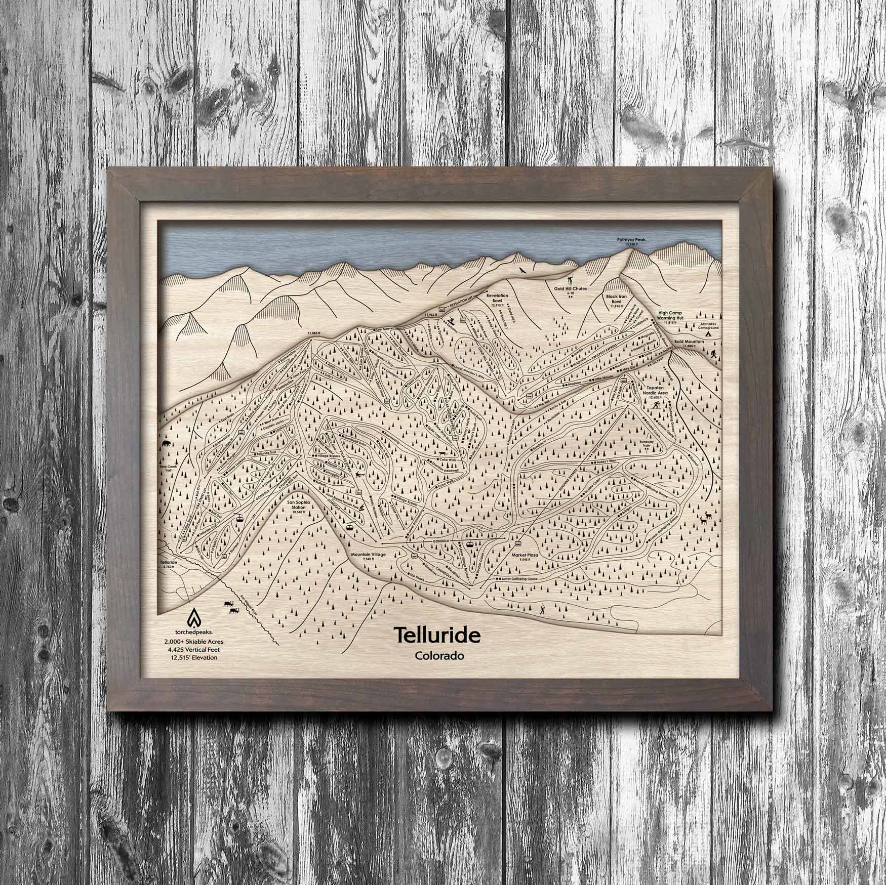 Telluride Colorado Ski Trail Map, 3D Wood Skiing Decor
