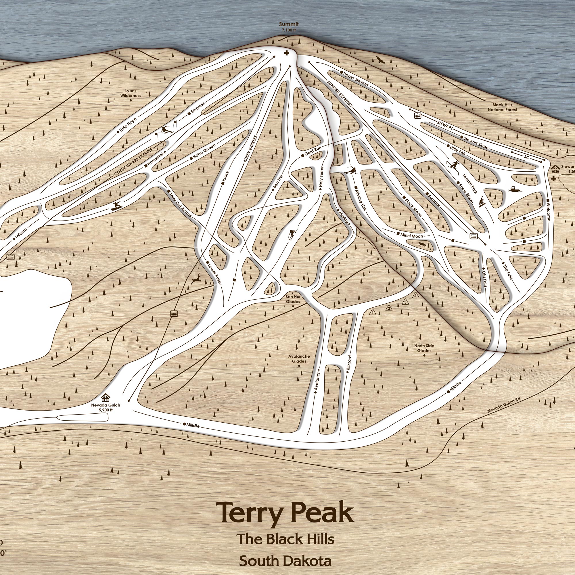 Laser-Cut map of Terry Peak Ski Slopes in the Black Hills, South Dakota